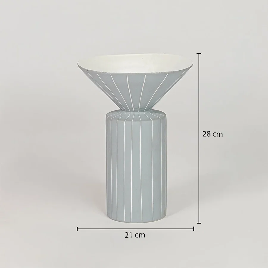 Blue ceramic flower vase size 36 cm height 21 cm width modern decorative vase for table console shelf styling.