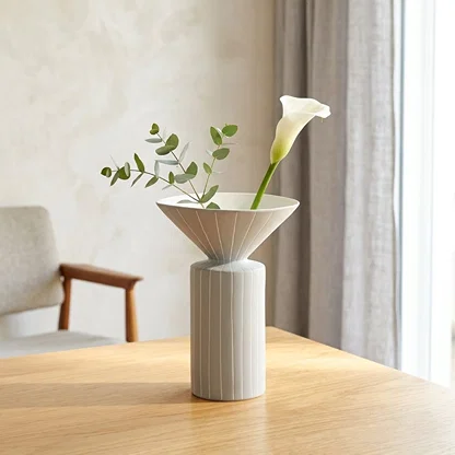 White ceramic flower vase placed on wooden table modern decorative vase for living room console home decor styling.