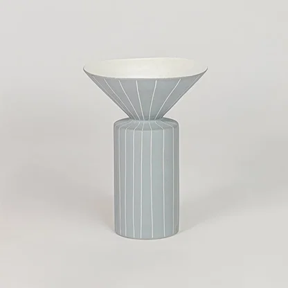 Blue ceramic flower vase with ribbed texture modern decorative vase for tabletop shelf console living room decor styling.