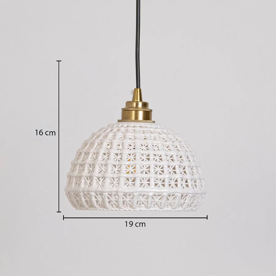 Clear patterned glass and brass pendant light dimension image with 19 cm width and 16 cm height for luxury dining placement.