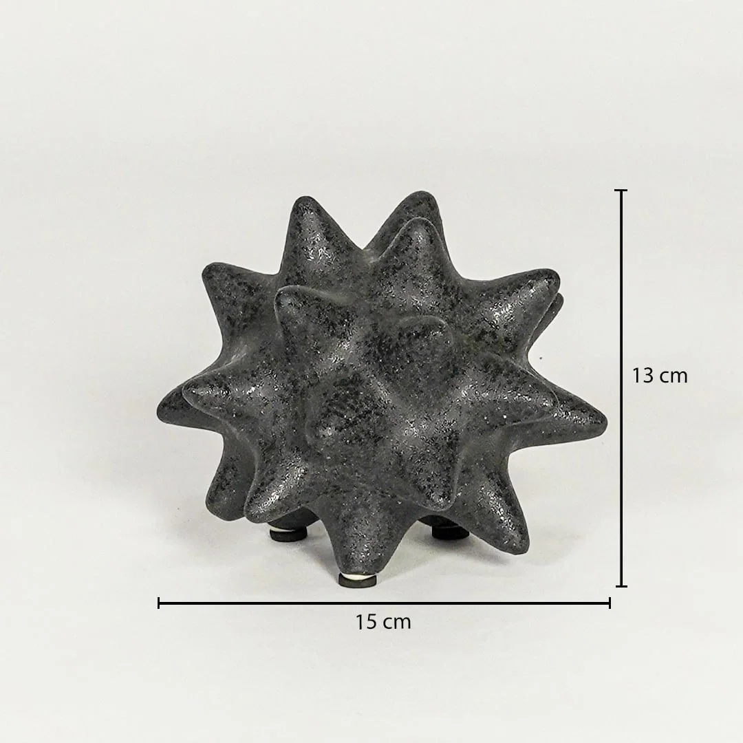 Black textured ceramic decorative object showing 13 cm height and 15 cm width suitable for table shelf or console placement.
