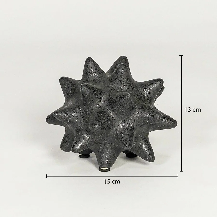 Black textured ceramic decorative object showing 13 cm height and 15 cm width suitable for table shelf or console placement.