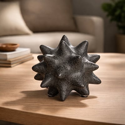 Black textured ceramic decorative object with spiked sculptural design styled on wooden coffee table in warm modern living room.