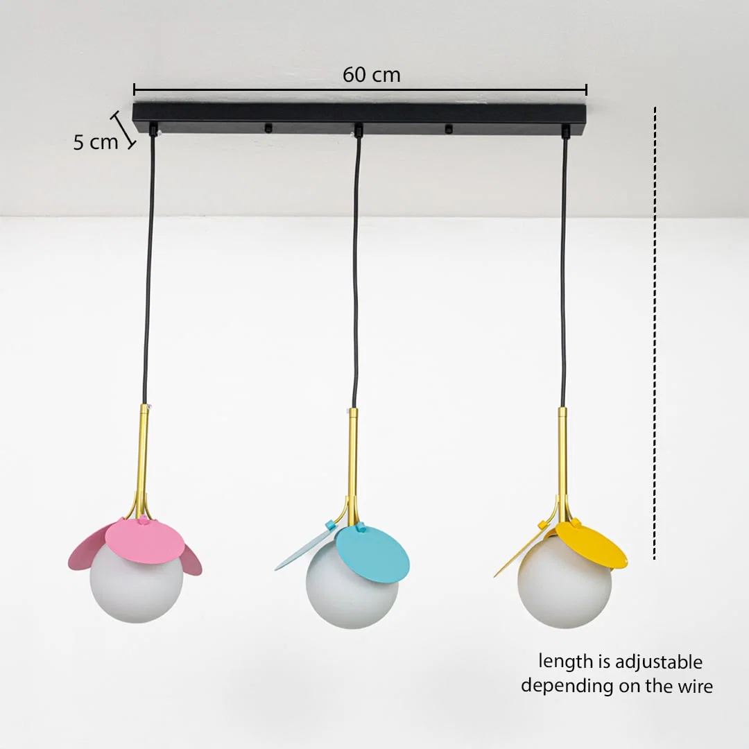 Triple colorful glass pendant light dimension image with adjustable length and 60 cm canopy for modern dining placement.