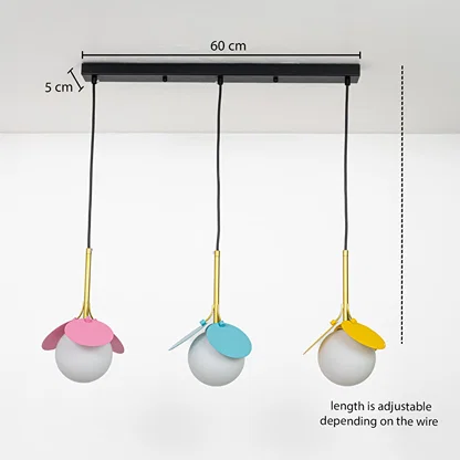 Triple colorful glass pendant light dimension image with adjustable length and 60 cm canopy for modern dining placement.