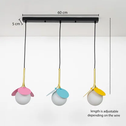 Triple colorful glass pendant light dimension image with adjustable length and 60 cm canopy for dining room placement.