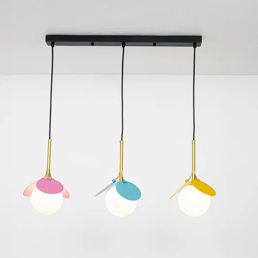 Pink blue and yellow metal pendant lights designed for cheerful contemporary home decor spaces.