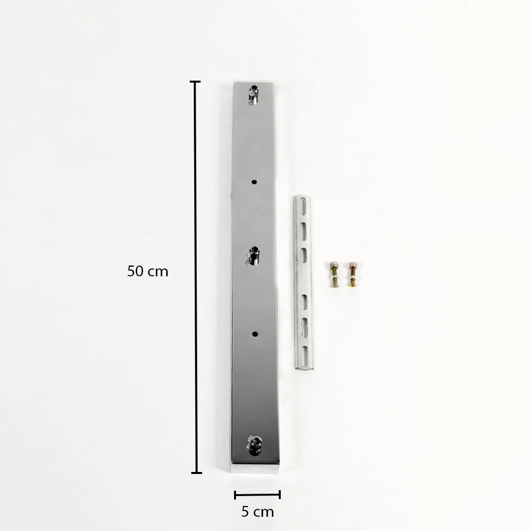 Silver metal ceiling mounting plate dimension image with 5 cm width and 50 cm length for pendant light installation.