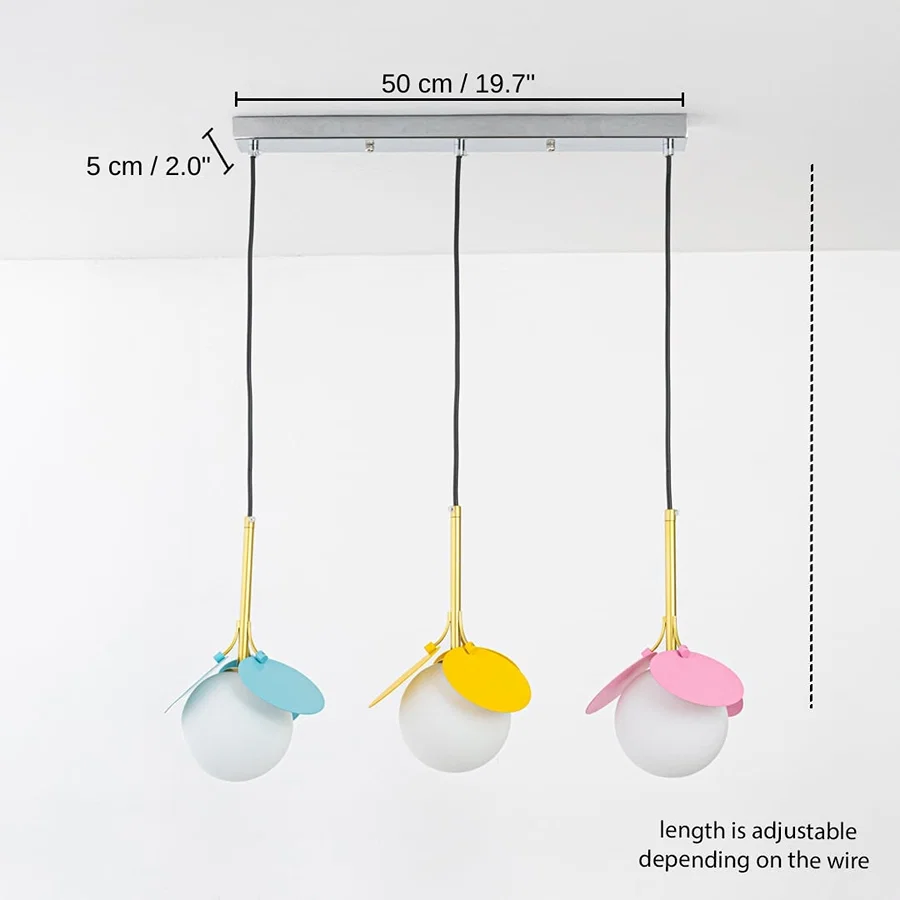 Triple colorful glass pendant light, 50 x 5 cm (19.7 x 2.0 inches) dimensions