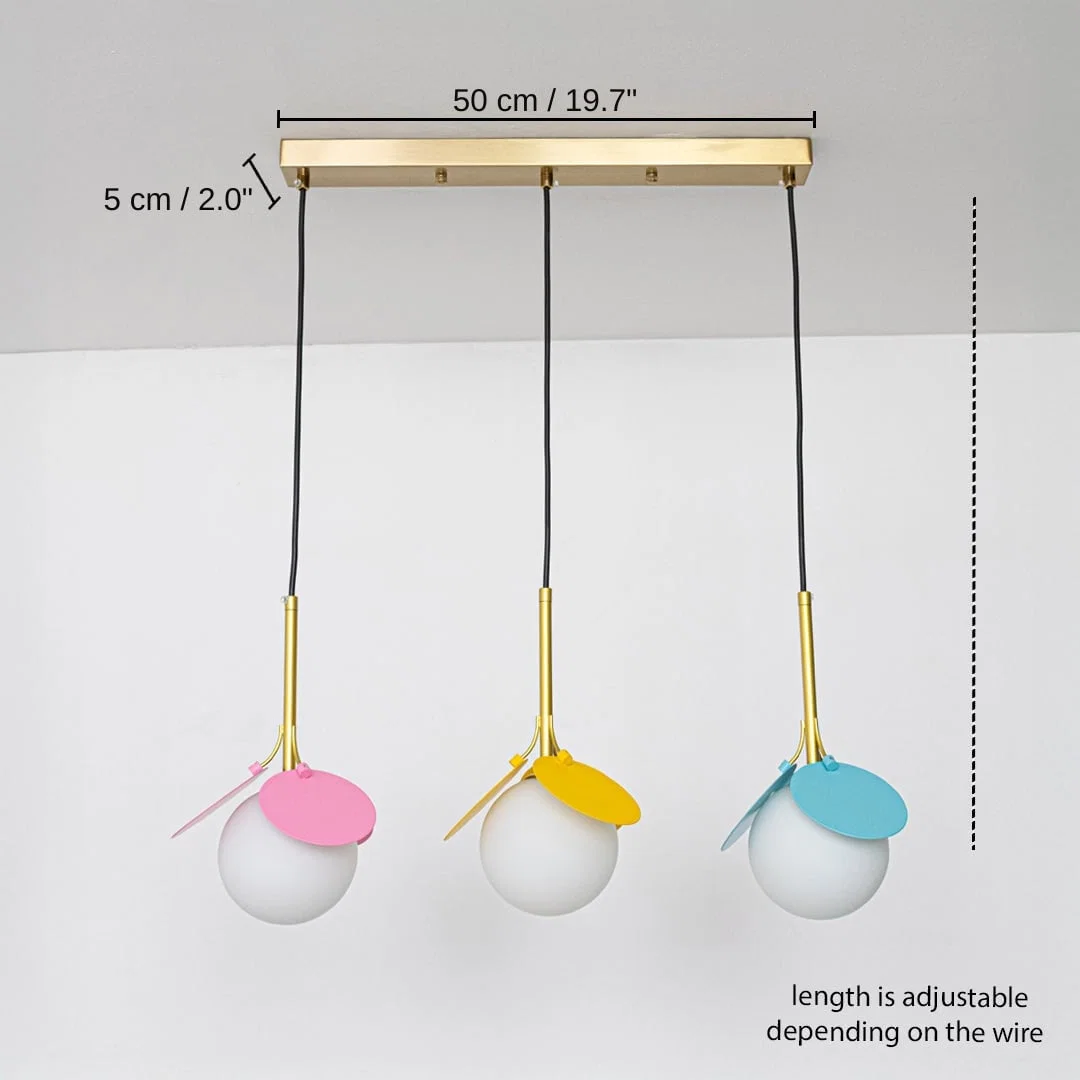 Triple colorful glass pendant light, 50 x 5 cm (19.7 x 2.0 inches) dimensions