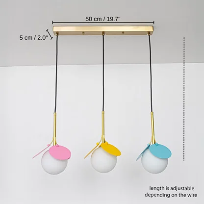 Triple colorful glass pendant light, 50 x 5 cm (19.7 x 2.0 inches) dimensions