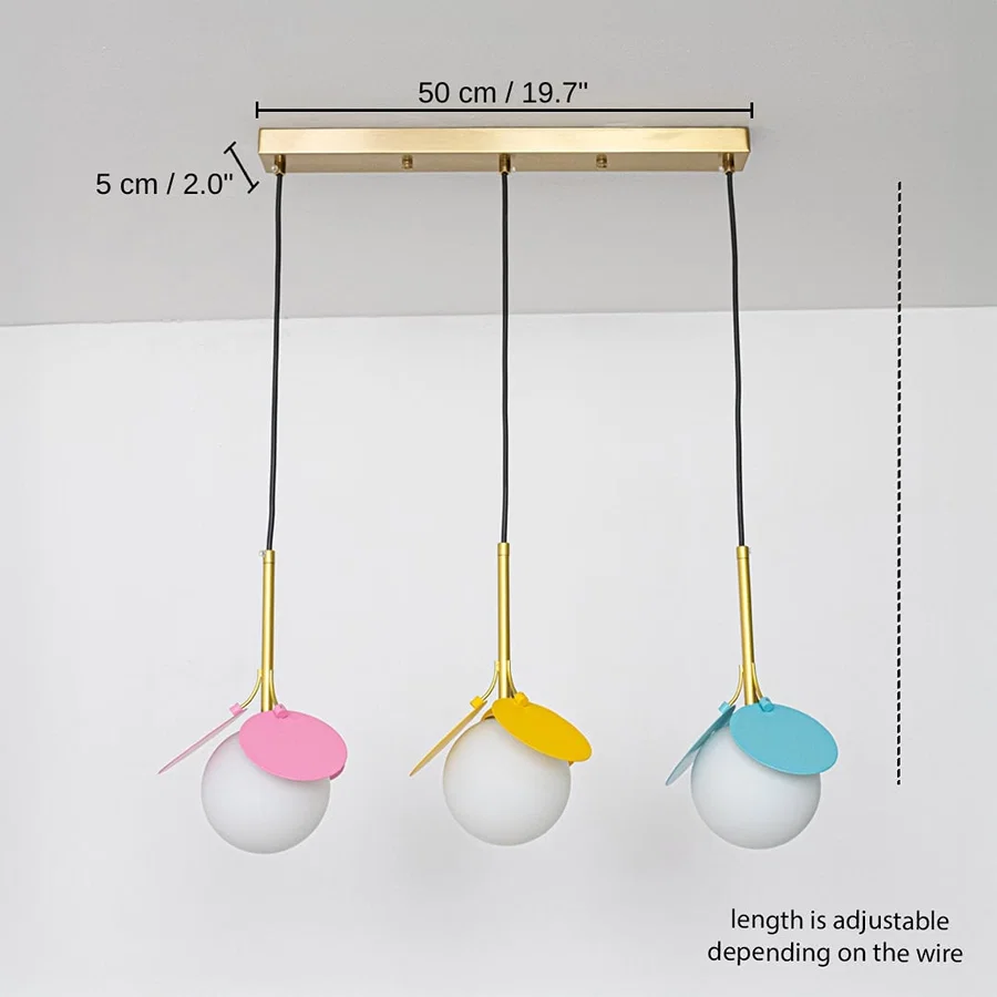 Triple colorful glass pendant light, 50 x 5 cm (19.7 x 2.0 inches) dimensions