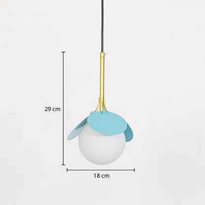 Blue and white glass pendant light dimension image with 18 cm width and 29 cm height for contemporary bedside placement.