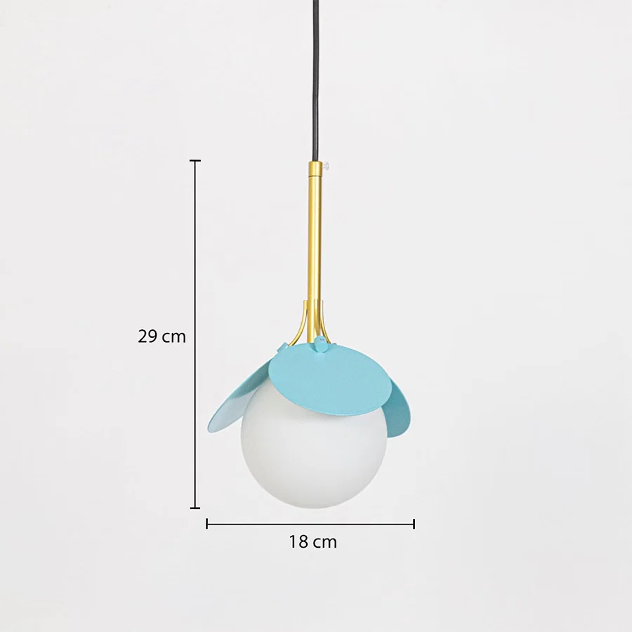 Blue and white glass pendant light dimension image with 18 cm width and 29 cm height for contemporary bedside placement.