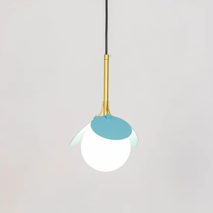 Contemporary pendant light in blue metal finish with globe shade for kitchen or dining decor lighting white background.
