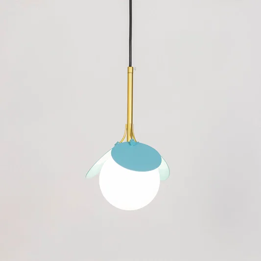 Contemporary pendant light in blue metal finish with globe shade for kitchen or dining decor lighting white background.