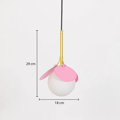 Pink and white glass pendant light dimension image with 18 cm width and 29 cm height for modern bedside placement.