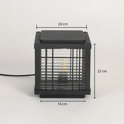 Outdoor black pillar light with frosted glass size 22cm height 20cm width 16cm depth for patio garden and gate lighting.
