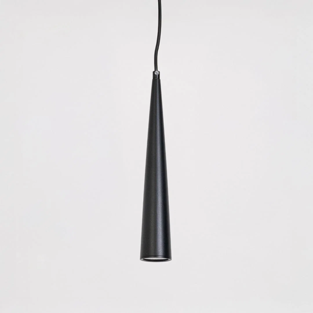 Black metal cone pendant light designed for kitchen island dining room and minimalist home decor.