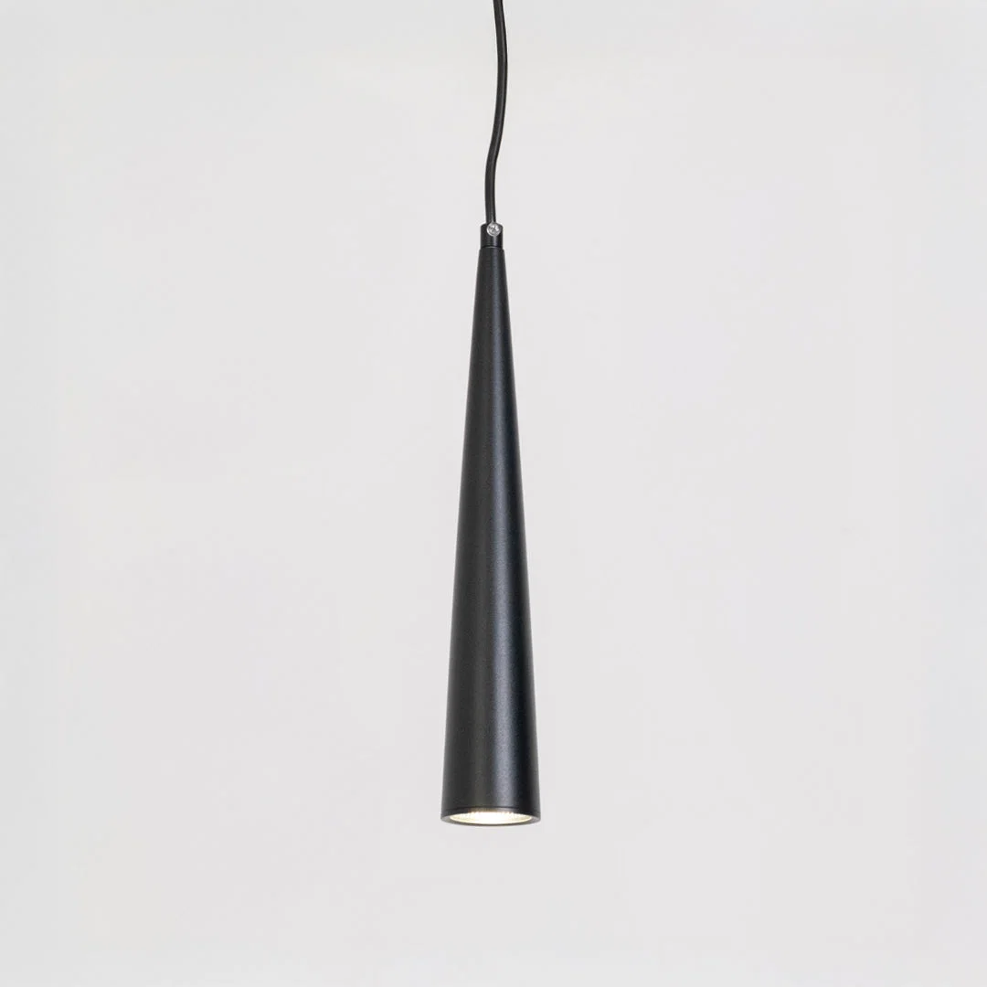 Contemporary pendant light in black metal finish with cone shape design for kitchen or dining decor lighting white background.