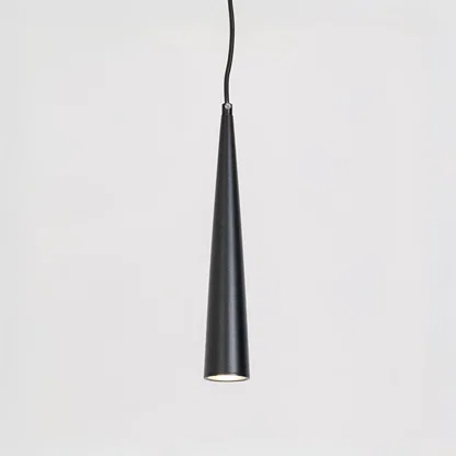 Contemporary pendant light in black metal finish with cone shape design for kitchen or dining decor lighting white background.