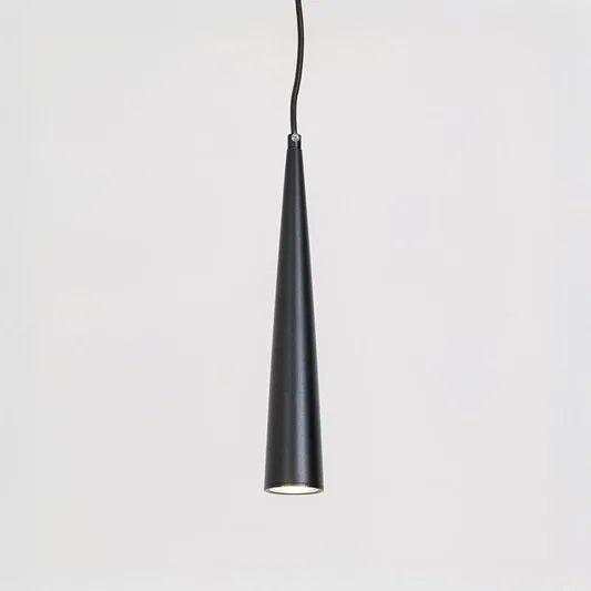Contemporary pendant light in black metal finish with cone shape design for kitchen or dining decor lighting white background.