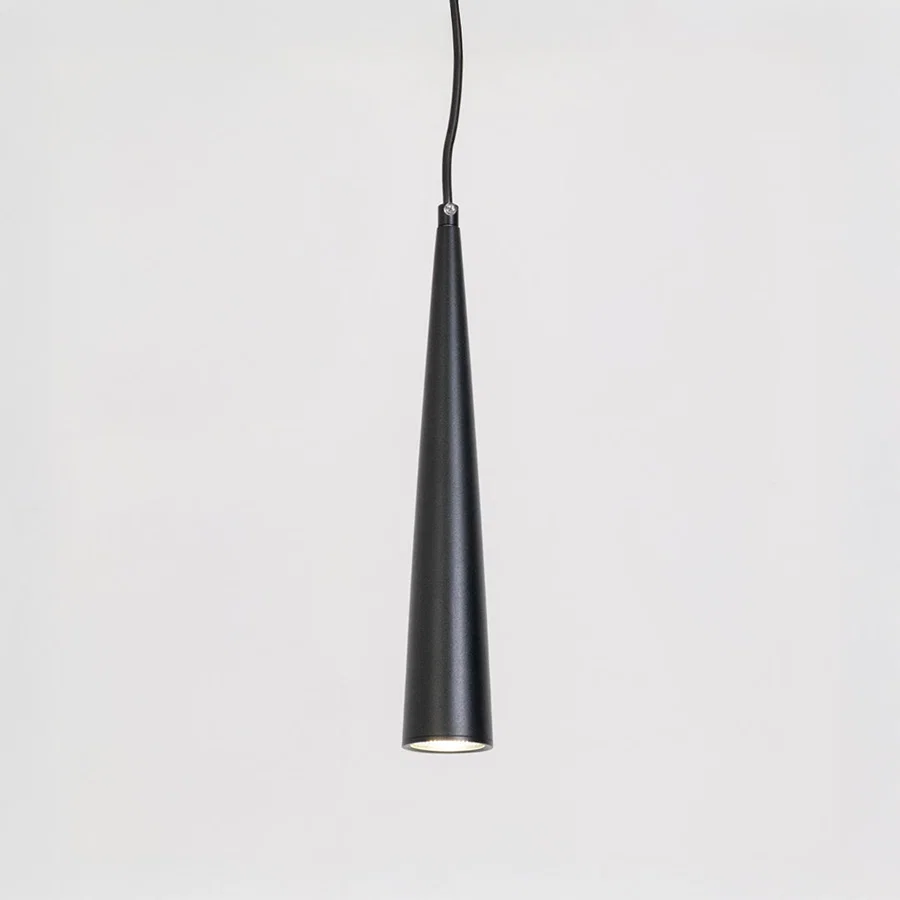Contemporary pendant light in black metal finish with cone shape design for kitchen or dining decor lighting white background.