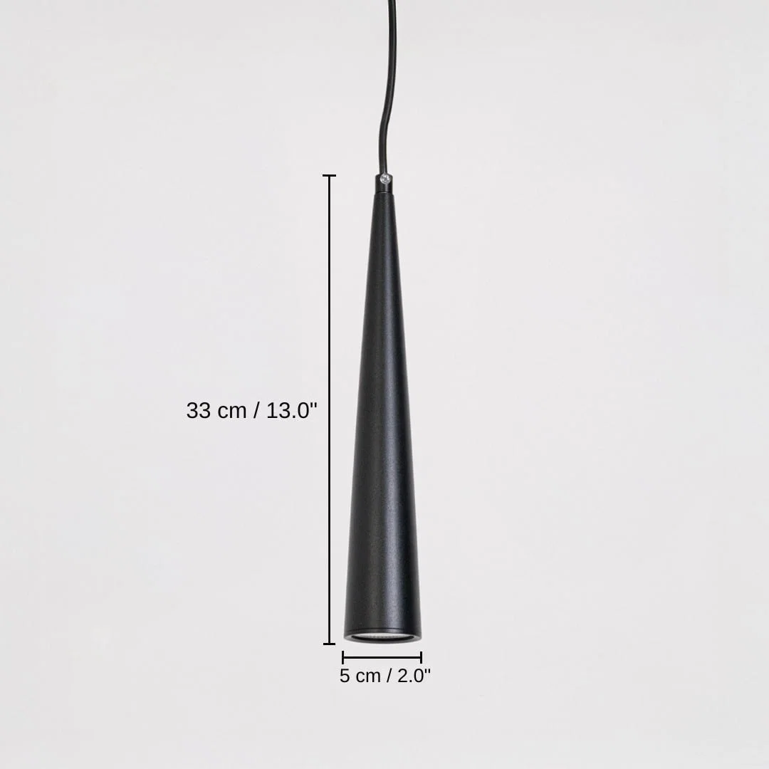 Black metal cone pendant light, base 33 x 5 x 5 cm (13.0 x 2.0 x 2.0 inches), canopy 10 x 10 cm (3.9 x 3.9 inches) dimensions