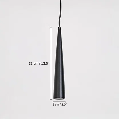 Black metal cone pendant light, base 33 x 5 x 5 cm (13.0 x 2.0 x 2.0 inches), canopy 10 x 10 cm (3.9 x 3.9 inches) dimensions