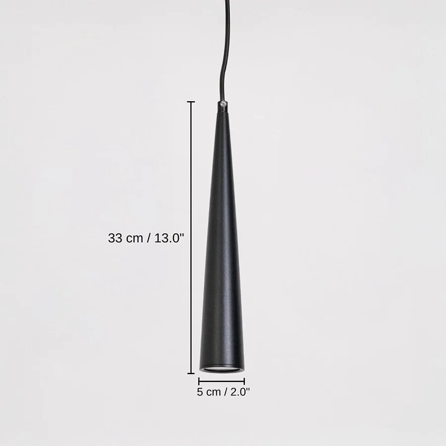 Black metal cone pendant light, base 33 x 5 x 5 cm (13.0 x 2.0 x 2.0 inches), canopy 10 x 10 cm (3.9 x 3.9 inches) dimensions