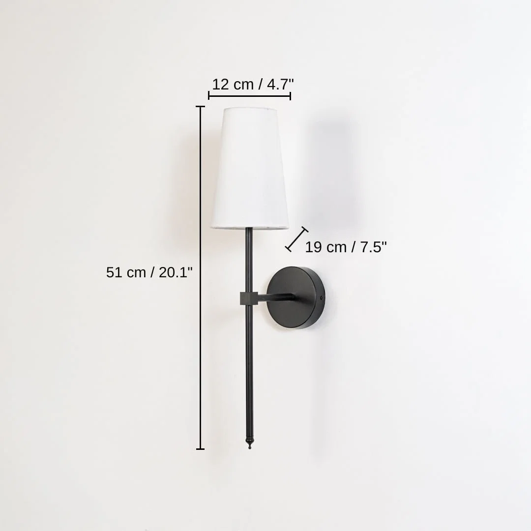 Modern white fabric drum wall sconce with black metal rod, base 51 x 12 x 19 cm (20.1 x 4.7 x 7.5 inches), canopy 10 x 10 cm (3.9 x 3.9 inches) dimensions