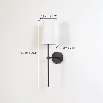 Modern white fabric drum wall sconce with black metal rod, base 51 x 12 x 19 cm (20.1 x 4.7 x 7.5 inches), canopy 10 x 10 cm (3.9 x 3.9 inches) dimensions