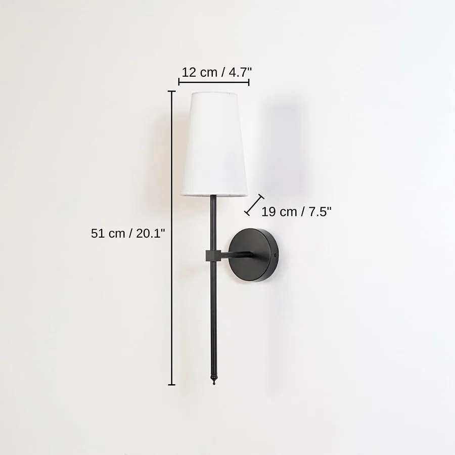 Modern white fabric drum wall sconce with black metal rod, base 51 x 12 x 19 cm (20.1 x 4.7 x 7.5 inches), canopy 10 x 10 cm (3.9 x 3.9 inches) dimensions