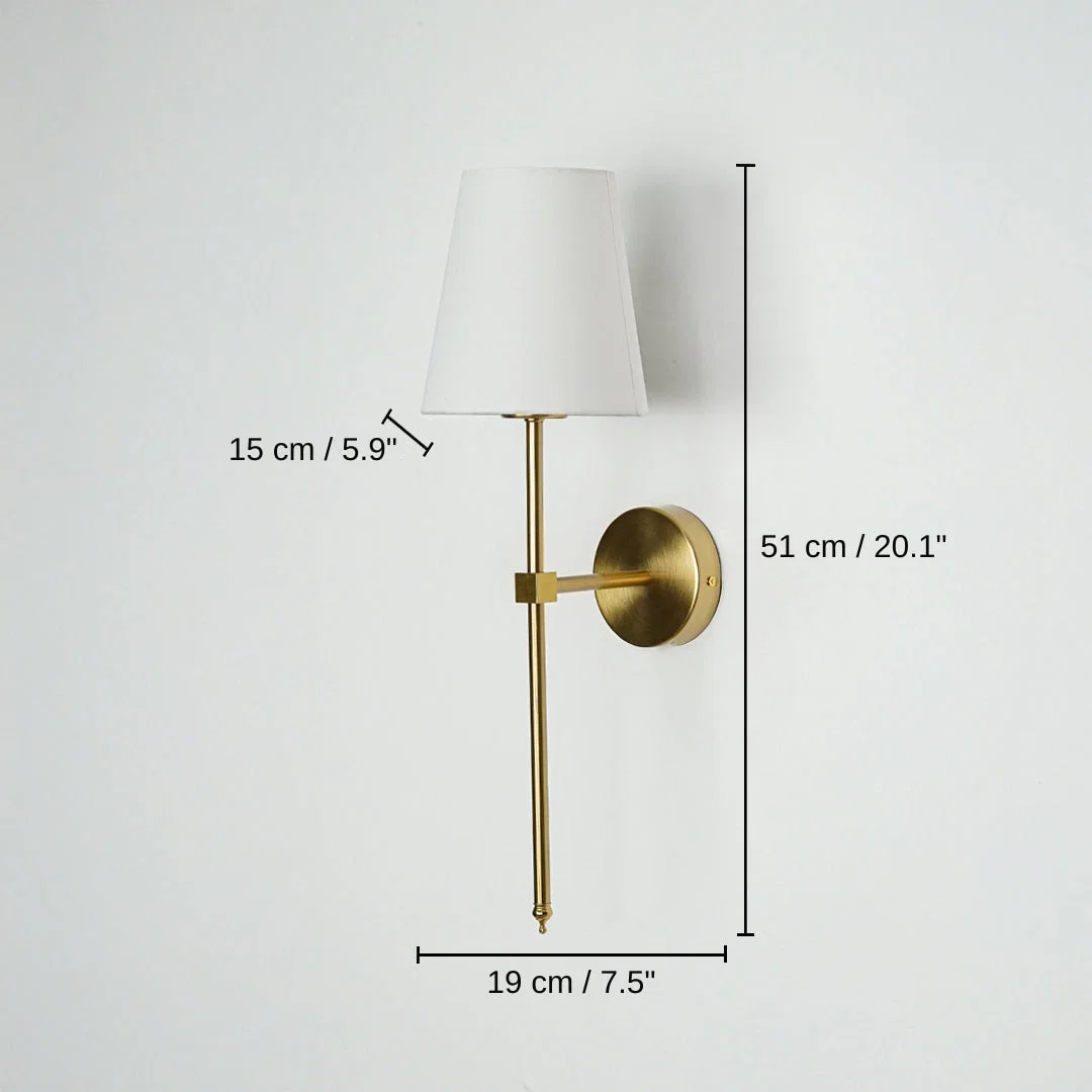Metal wall light in gold finish with fabric shade, base 51 x 19 x 15 cm (20.1 x 7.5 x 5.9 inches), canopy 10 x 10 cm (3.9 x 3.9 inches) dimensions