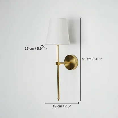 Metal wall light in gold finish with fabric shade, base 51 x 19 x 15 cm (20.1 x 7.5 x 5.9 inches), canopy 10 x 10 cm (3.9 x 3.9 inches) dimensions