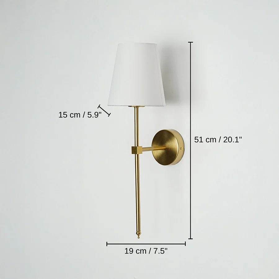Metal wall light in gold finish with fabric shade, base 51 x 19 x 15 cm (20.1 x 7.5 x 5.9 inches), canopy 10 x 10 cm (3.9 x 3.9 inches) dimensions