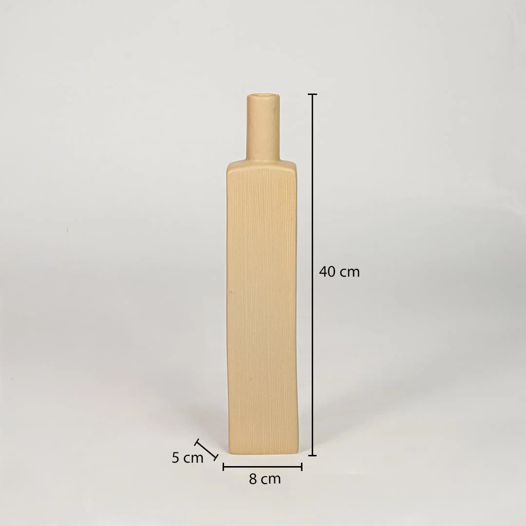 Yellow ceramic tall vase size 40 cm height 8 cm width 5 cm depth modern decorative vase for table console styling.