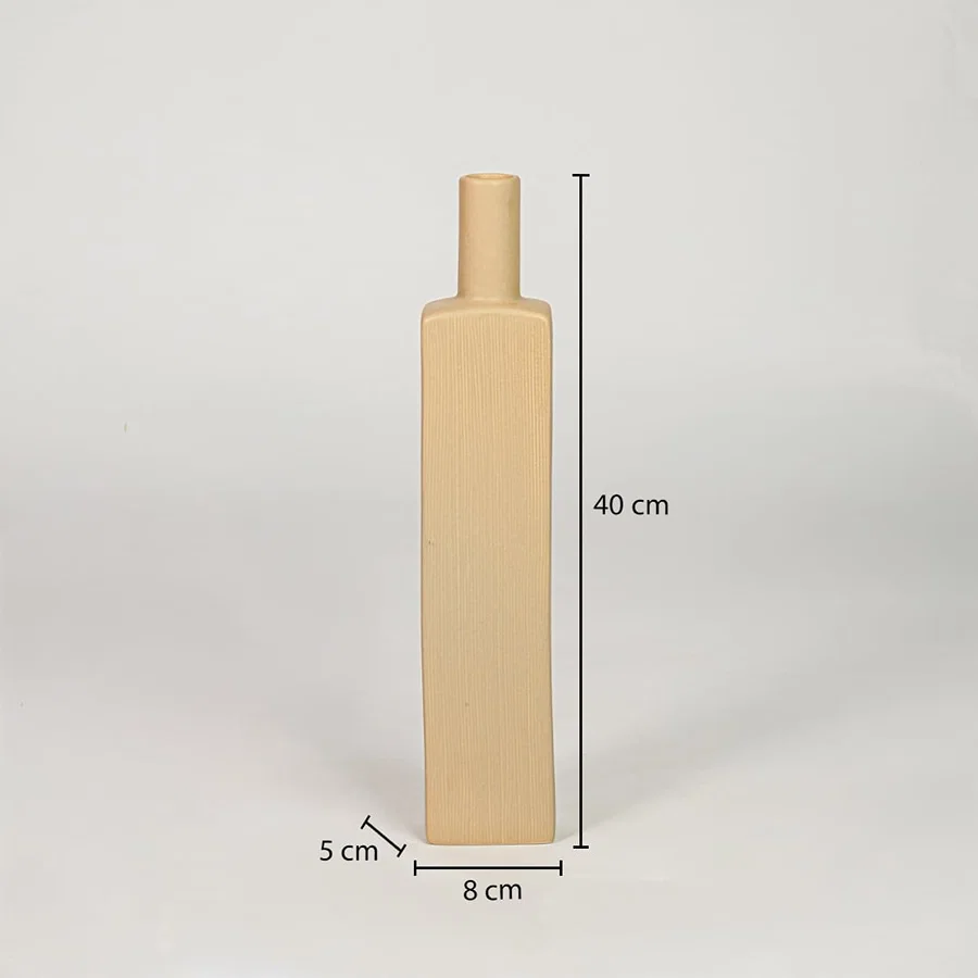 Yellow ceramic tall vase size 40 cm height 8 cm width 5 cm depth modern decorative vase for table console styling.