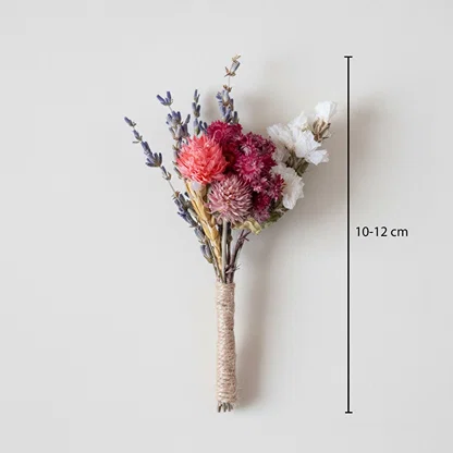 Dried flower bouquet with mixed blooms white accents and textured stems showing height 10 to 12 cm for tabletop Decor styling.