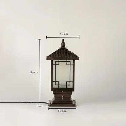 Black traditional post lantern Dimensions Image 34 cm height 17 cm top width 15 cm base width perfect for outdoor pillar mounting.