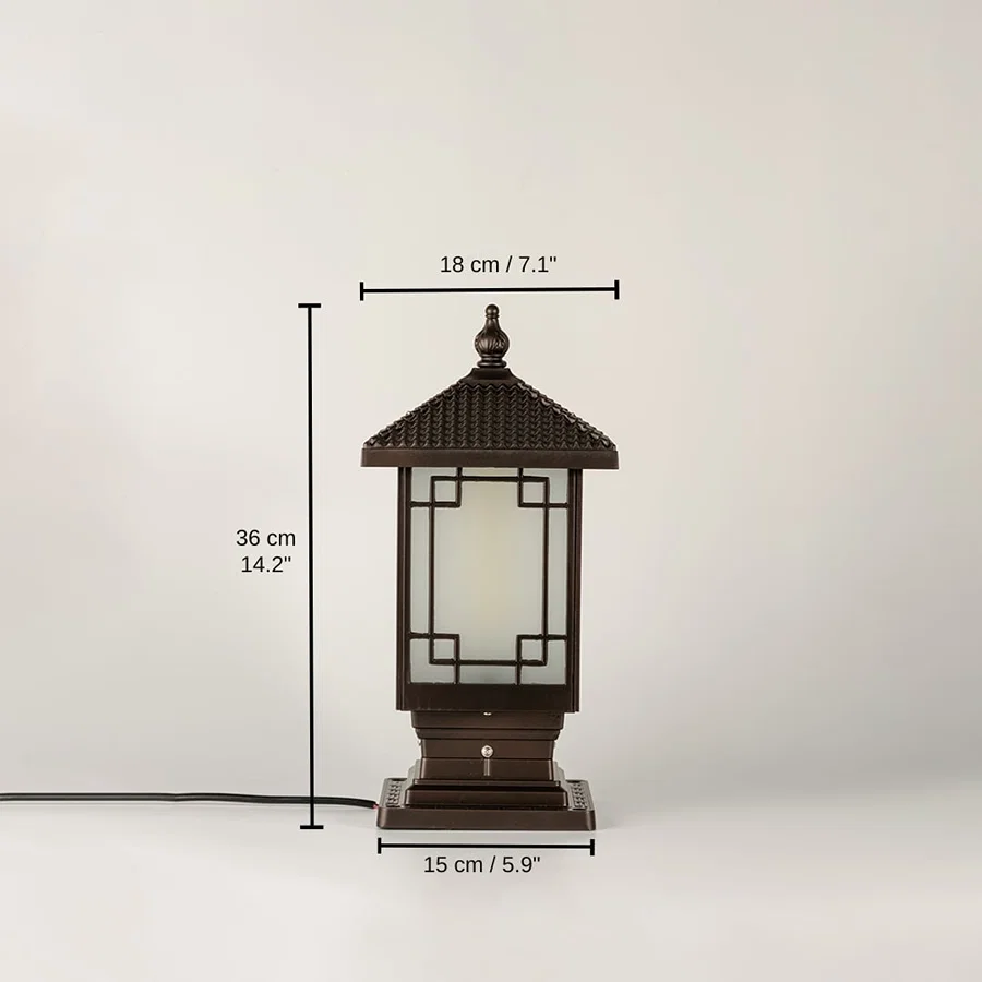 Black traditional post lantern, 36 x 15 x 18 cm (14.2 x 5.9 x 7.1 inches) dimensions