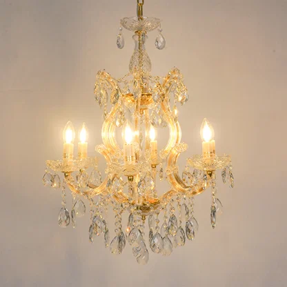White background image of candelabra chandelier for modern living room decor styling with a bright warm glow.