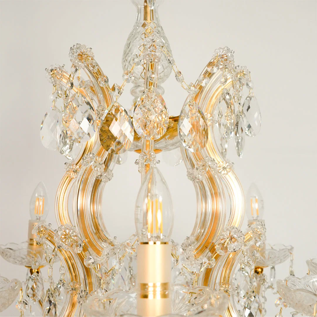Closeup image of large candelabra chandelier for modern dining room decor styling with elegant detailings.