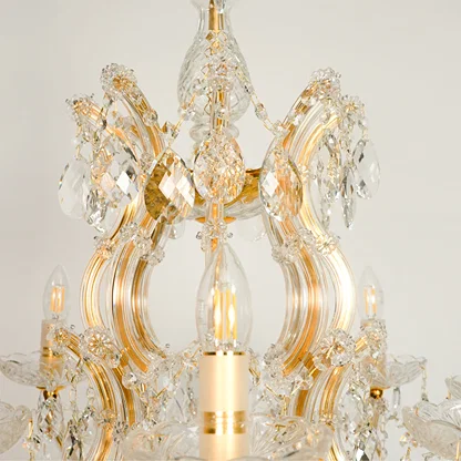 Closeup image of large candelabra chandelier for modern dining room decor styling with elegant detailings.