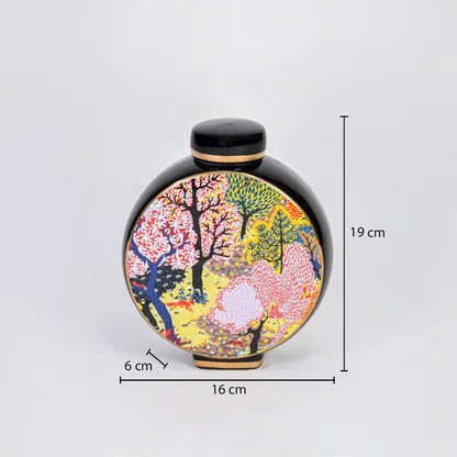 Round ceramic decorative jar with colorful tree artwork showing product dimensions for modern home decor displays.