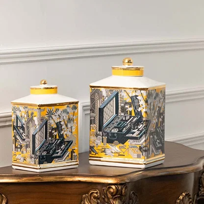 Pair of yellow and blue ceramic jars with horse scene artwork in a front view perfect for luxury décor styling and classic console display.