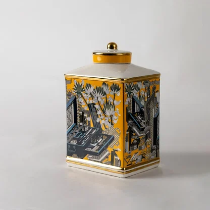 Yellow and grey ceramic jar with horse artwork in a front view perfect for classic décor styling and luxurious home settings.