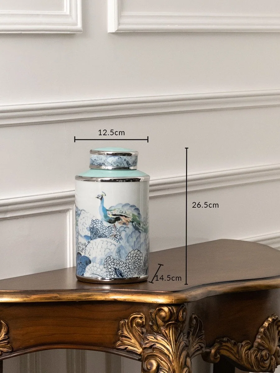 Blue and white ceramic jar with fish artwork shown with dimensions 23 cm height and 13.5 cm width for décor clarity.