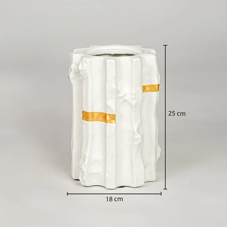 White ceramic decorative vase size 25 cm height 16 cm width modern flower vase for table console shelf styling.