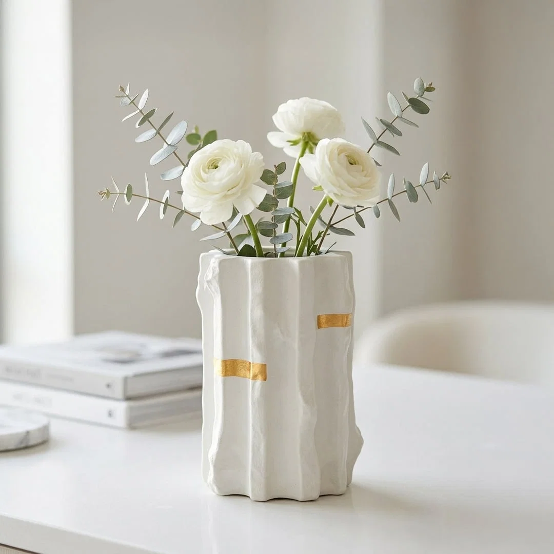 White ceramic decorative vase with flowers placed on table modern vase for living room shelf decor styling.